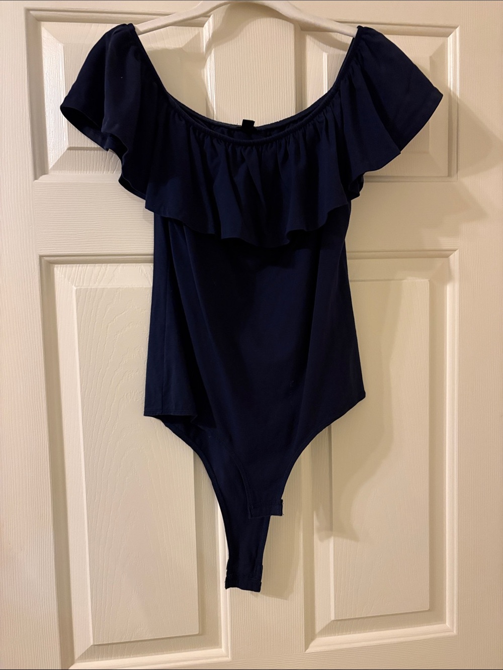 J. Crew Navy Off-Shoulder Ruffle Bodysuit